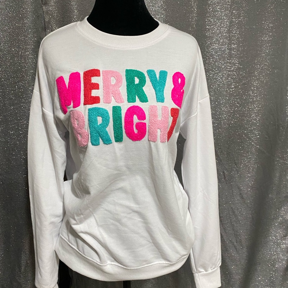 Philosophy White Sweater with Colorful 'Merry & Bright' Design